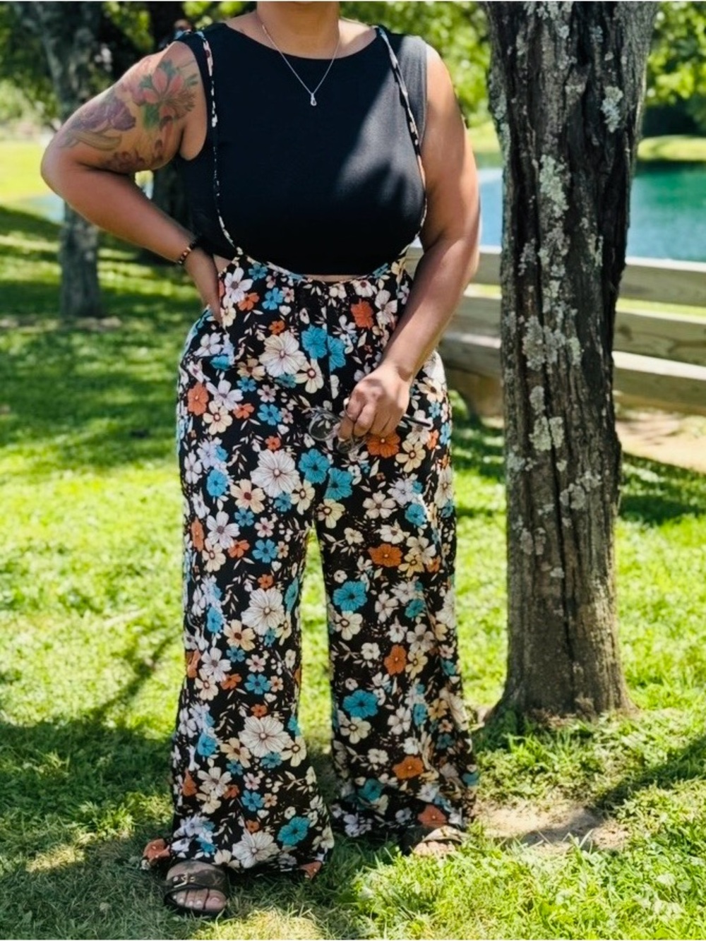 Unique Wide-Leg Jumpsuit Pants in Black with Teal & Orange Flowers